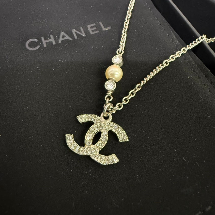 Chanel Coco Rhinestone Necklace Silver Pendant