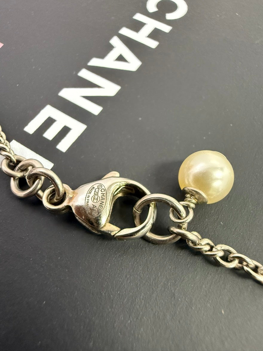 Chanel Coco Rhinestone Necklace Silver Pendant