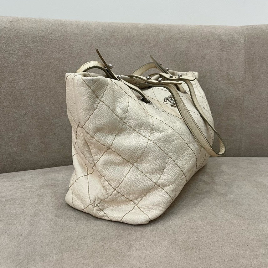 Chanel Tote Bag Beige Leather Quilted