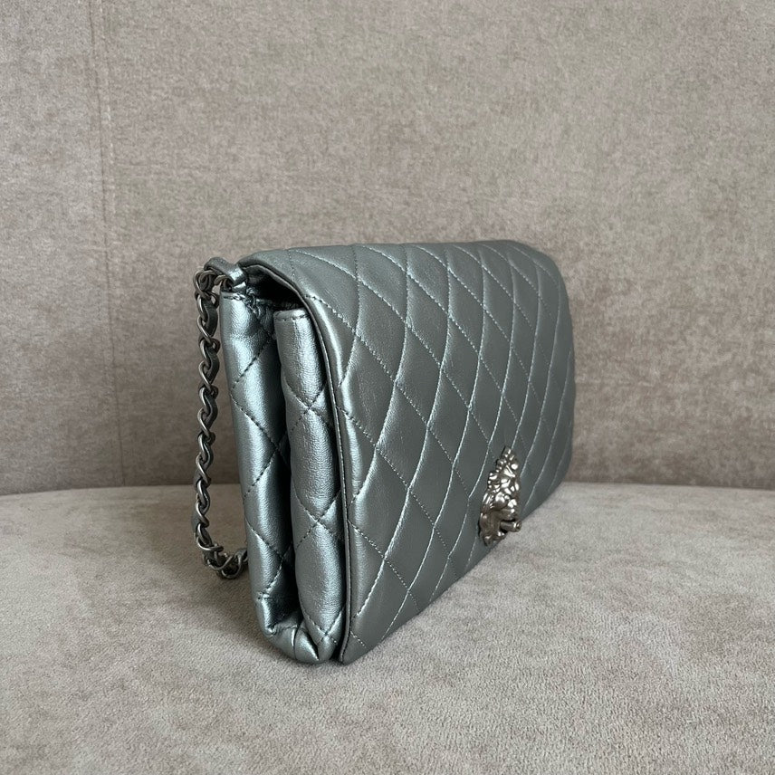 Preloved Chanel Lion Motif Quilted Shoulder Bag in Silver Leather