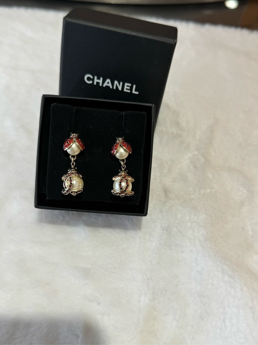 Preloved Chanel HBG Earrings Gold with Pearl and Red Enamel