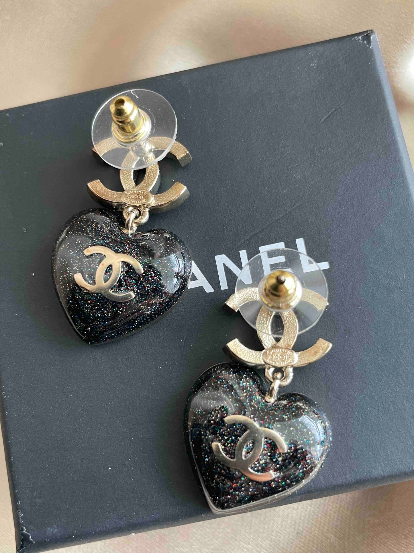 Chanel Heart Shaped Earrings Black Gold Earrings RE