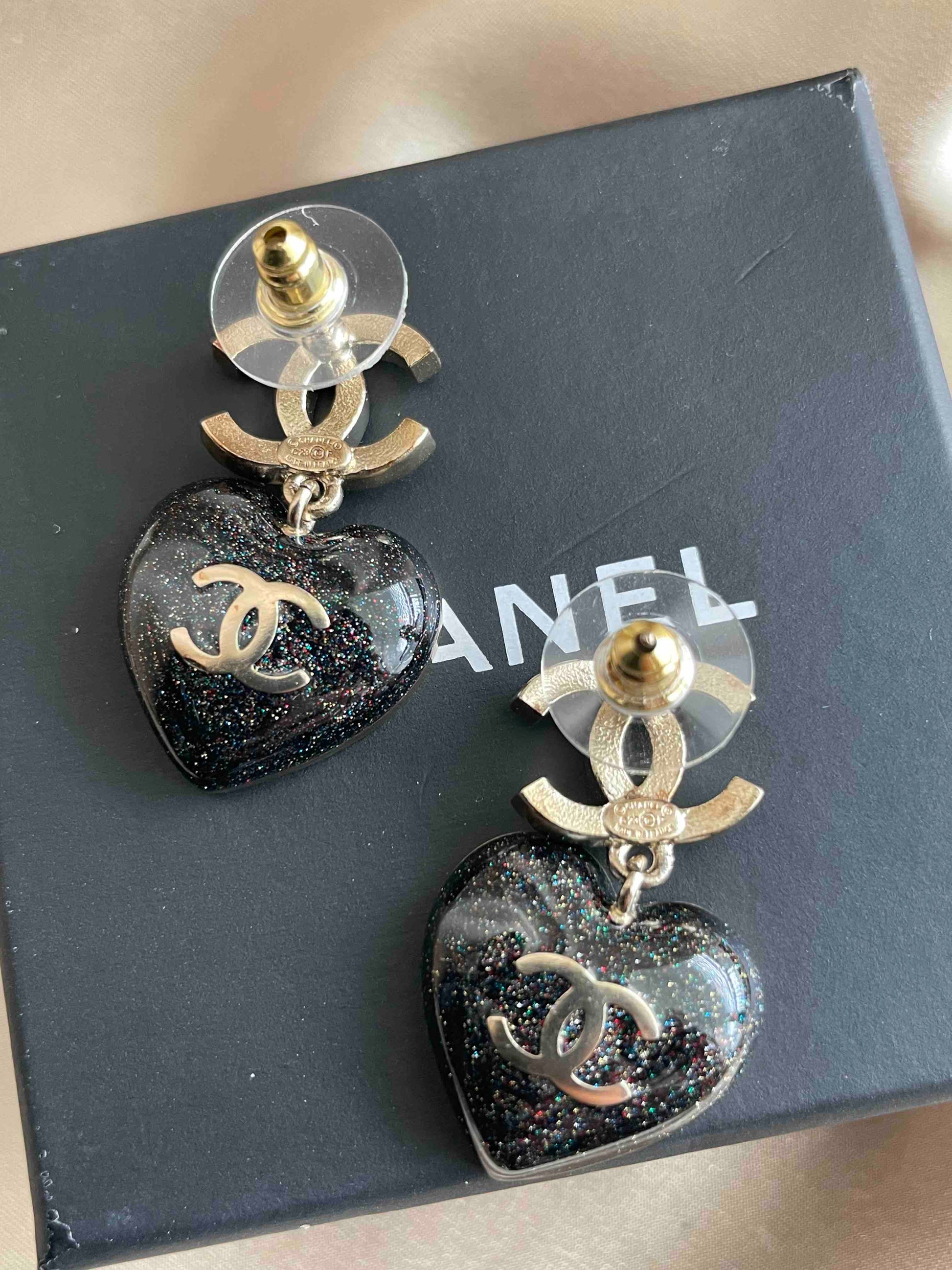 Chanel Heart Shaped Earrings Black Gold Earrings RE