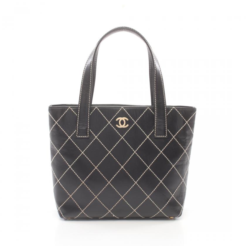 CHANEL Wild Stitch Handbag Tote Bag Leather Black Gold Hardware