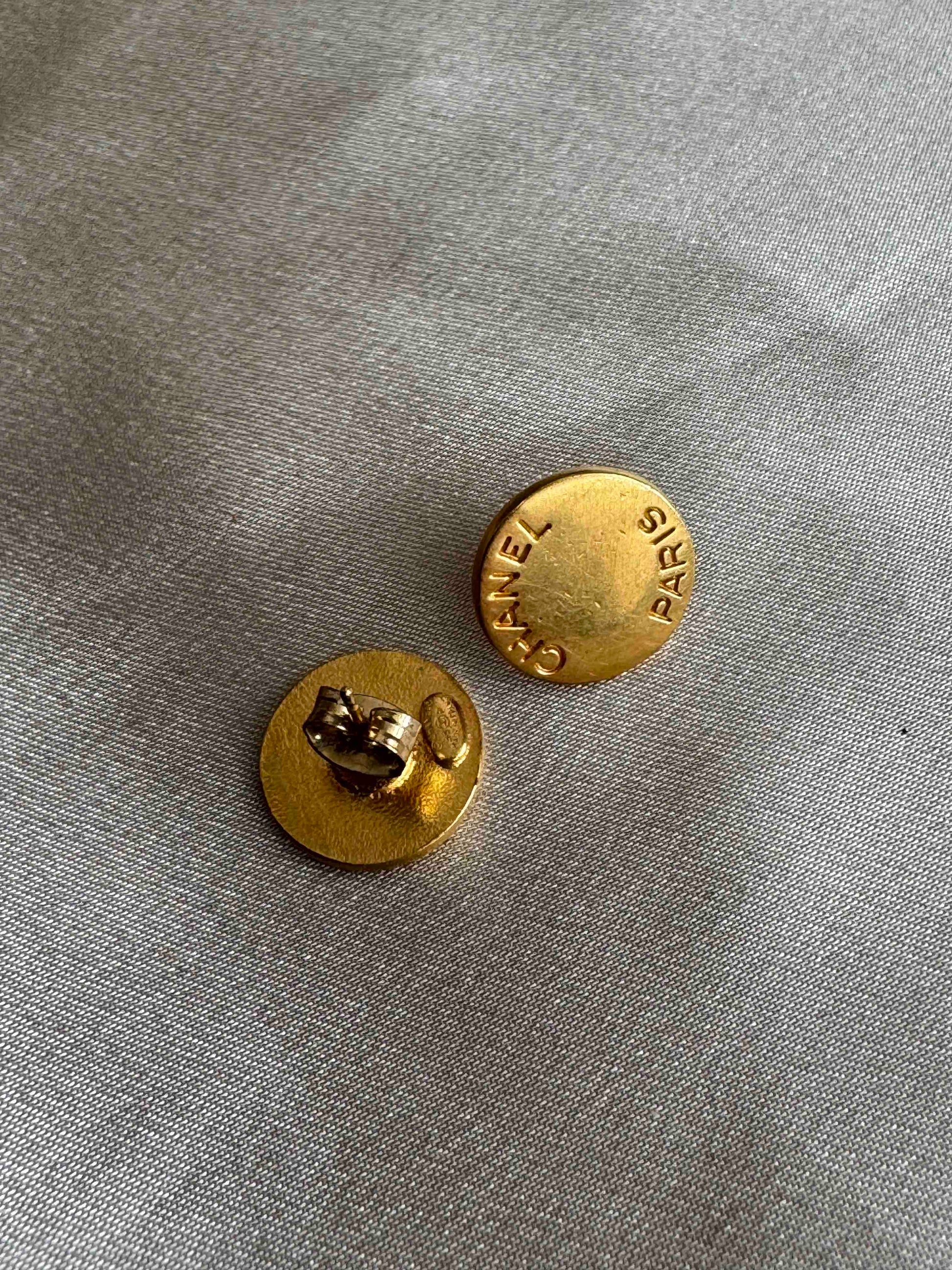 Chanel Paris Stud Earrings Gold Tone   RE91430900