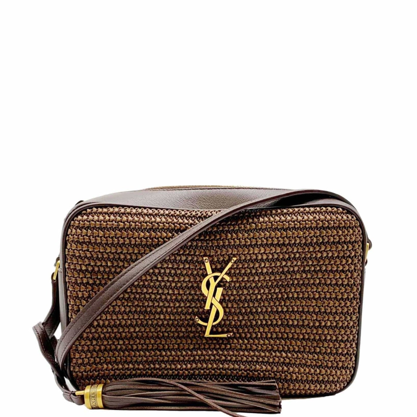 YSL Saint Laurent Yves Lou Camera Crossbody Bag Canvas Raffia Brown
