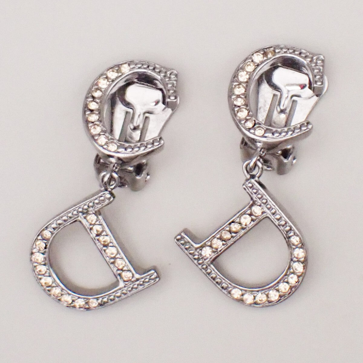 Dior Jewelry Christian Cd Rhinestone Drop Earrings Clip-On Rhinestone, Silver Logo