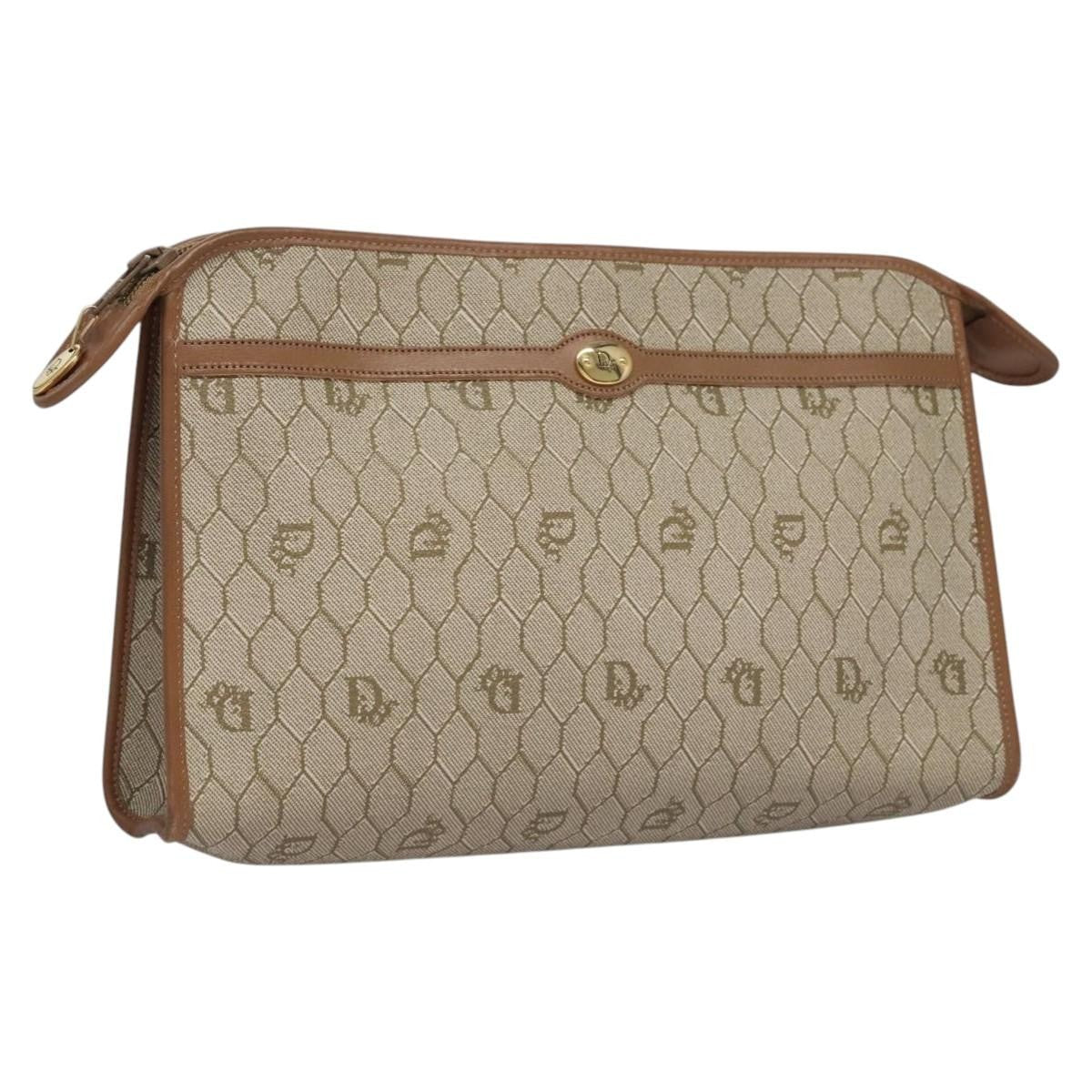Dior Clutch Bag Christian Honeycomb Pouch Coated Pvc Clutche Canvas Beige Zip