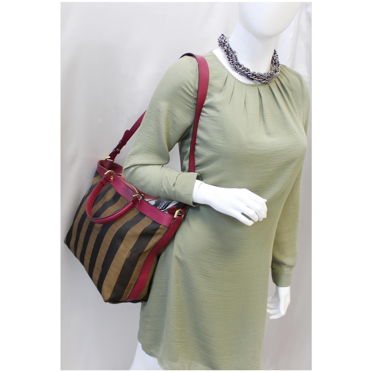 Fendi Tobacco Pequin Stripe Tote Bag Magenta Canvas Large Shoulder Bag
