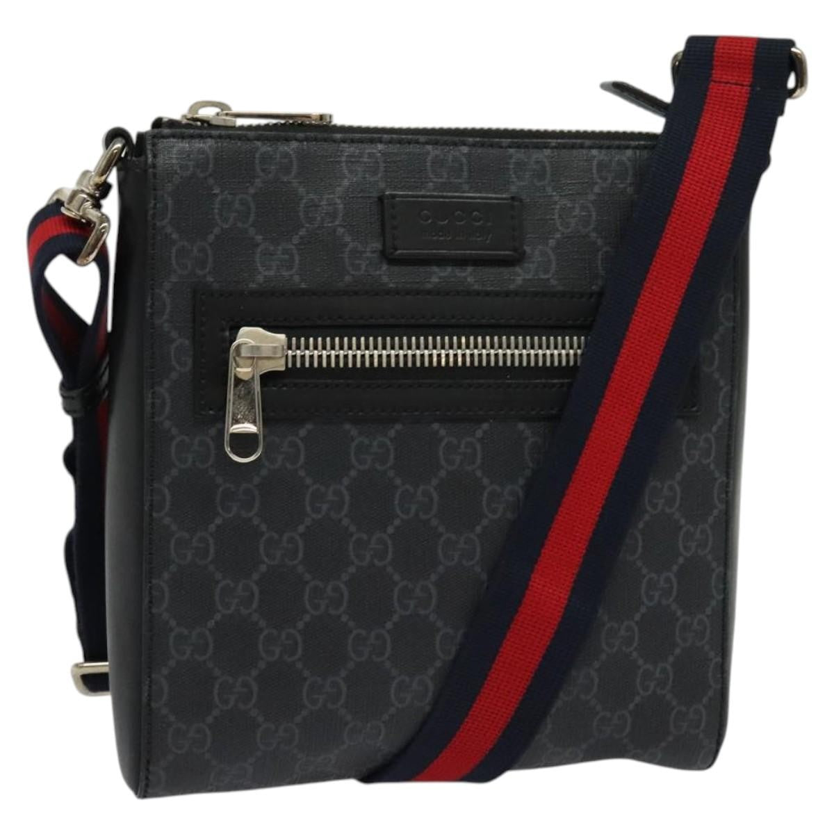 Gucci Web Strap Front Zip Messenger Bag Gg Coated Canvas Black Canvas Bag