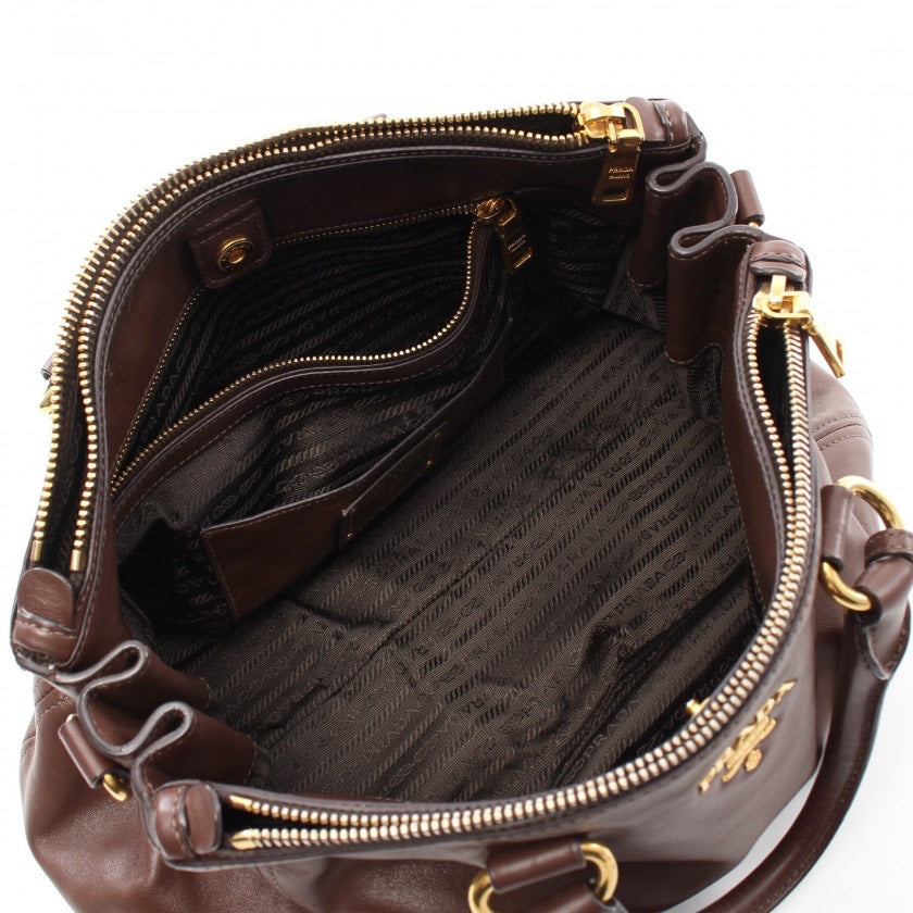 Prada Soft Calf Double Tote Bag Leather Brown Zip