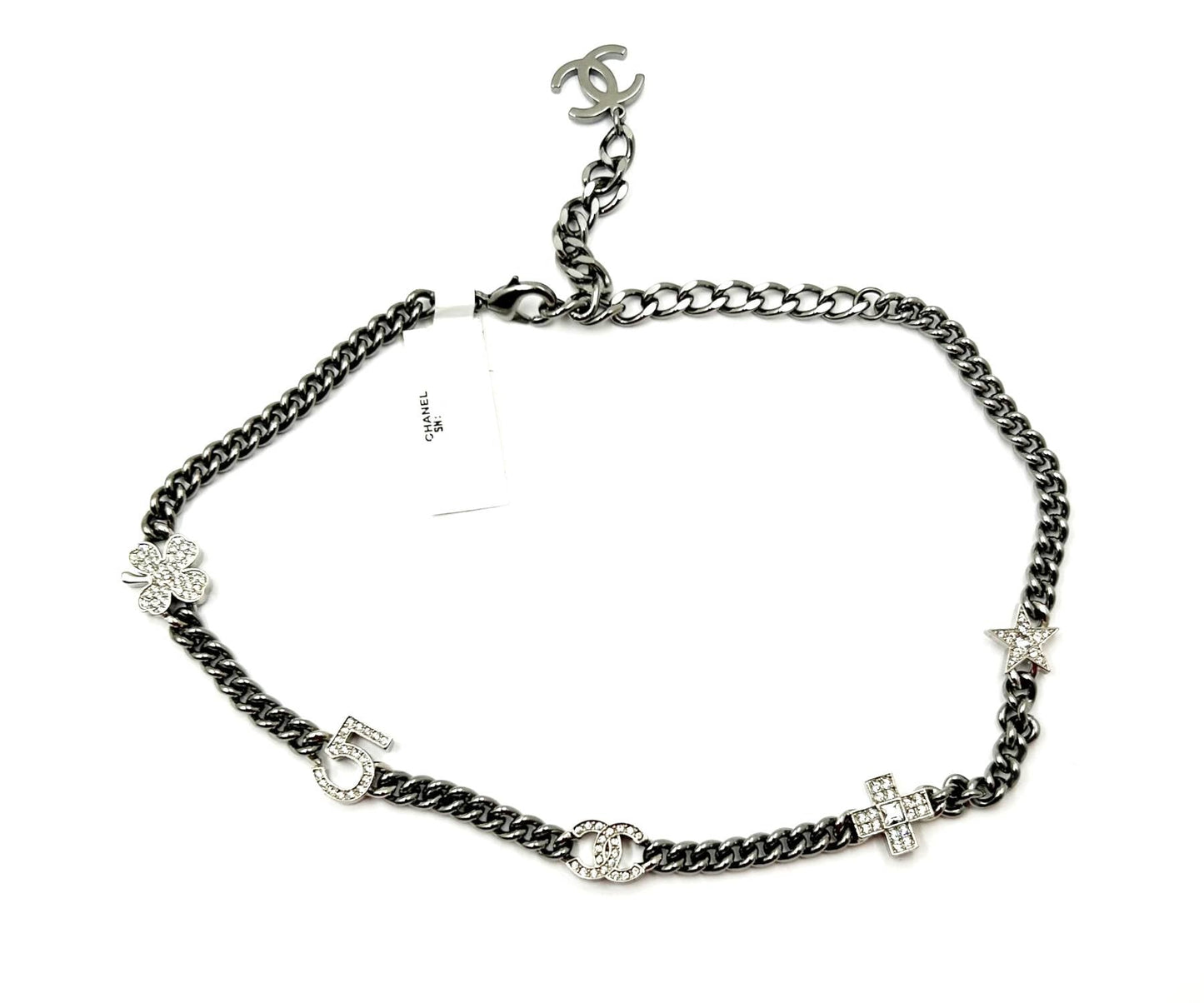 Chanel Brand New Silver  Crystal Charms Gunmetal Chain Choker Necklace