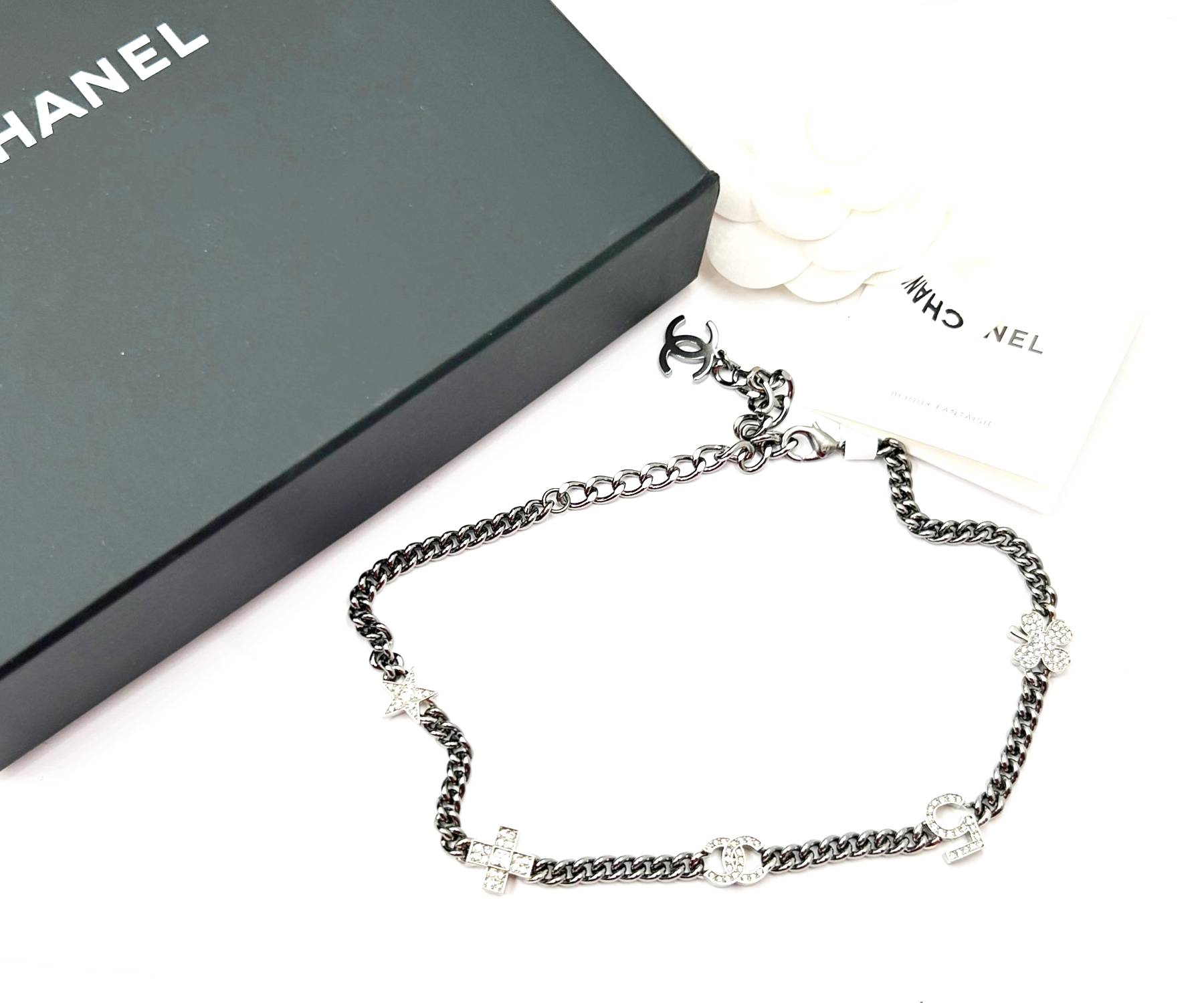 Chanel Brand New Silver  Crystal Charms Gunmetal Chain Choker Necklace