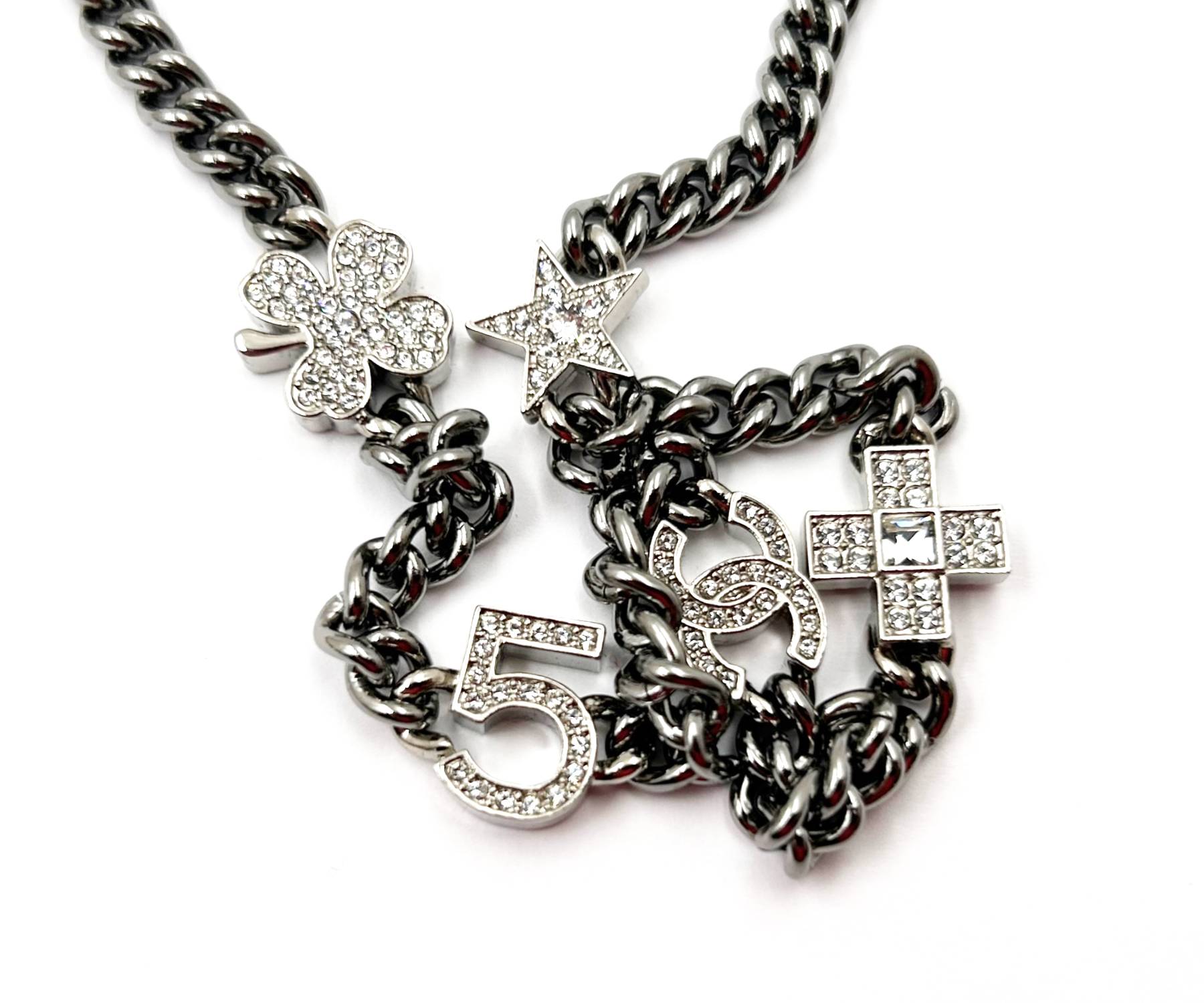 Chanel Brand New Silver  Crystal Charms Gunmetal Chain Choker Necklace