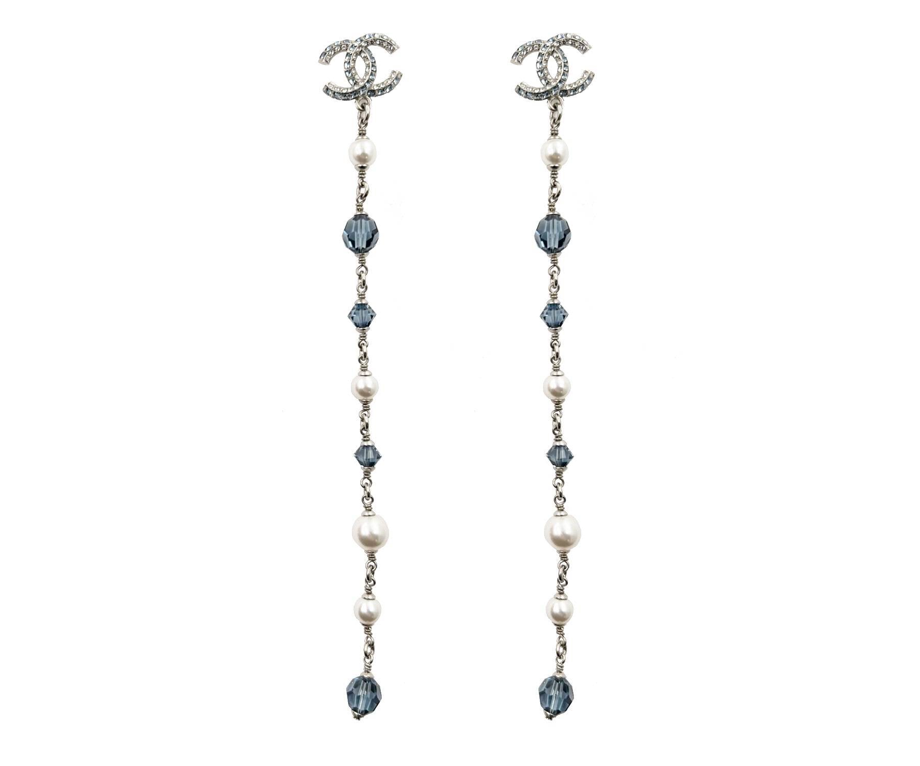 Chanel Brand New Silver CC Blue Princess Crystal Pearl Super Long Earrings