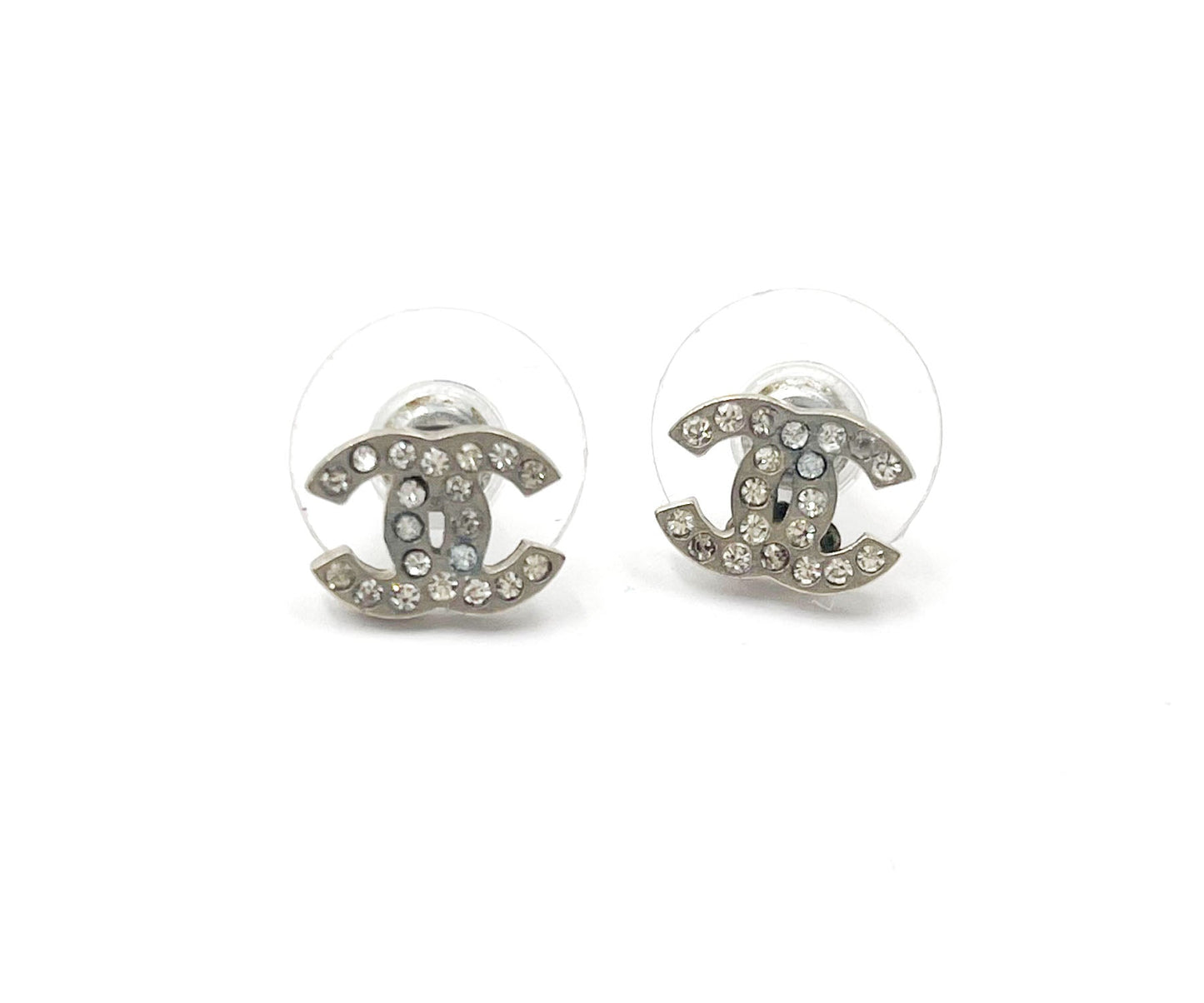 Chanel Classic Silver CC Crystal Small Piercing Earrings
