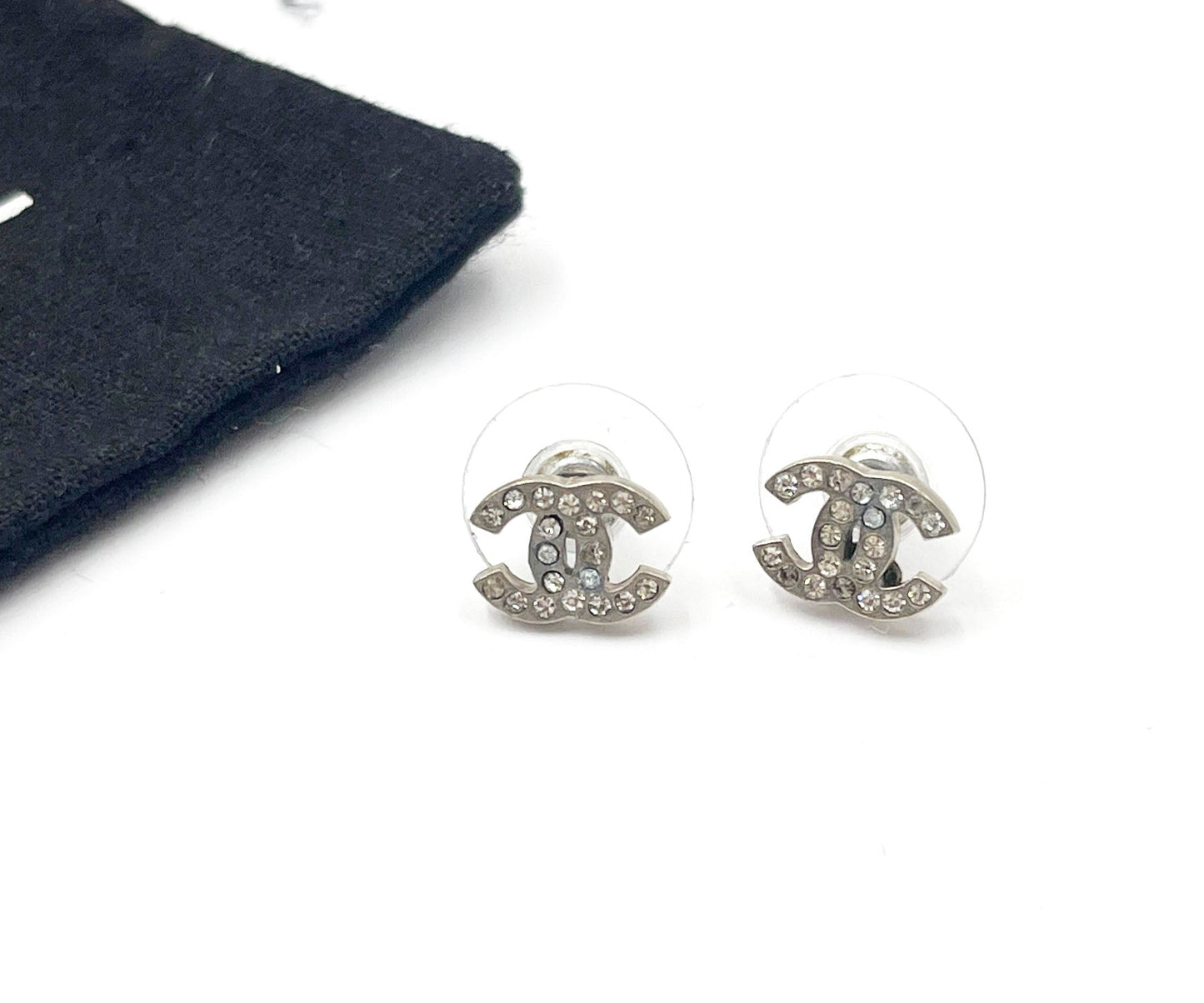 Chanel Classic Silver CC Crystal Small Piercing Earrings