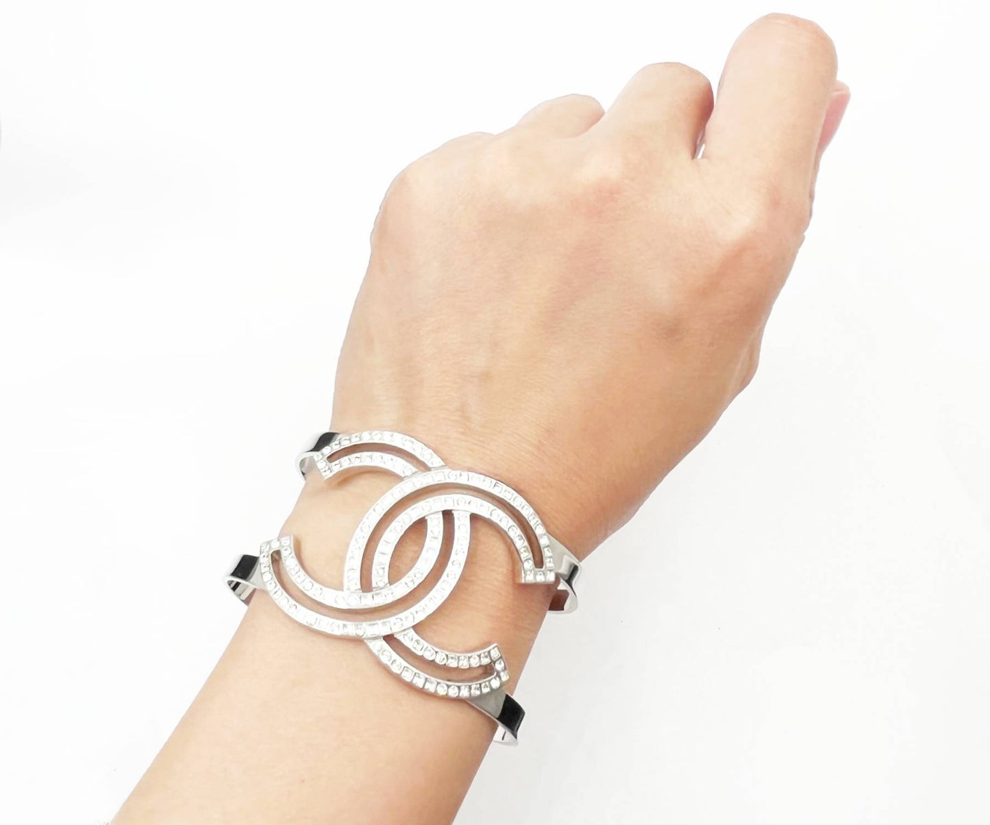 Chanel Classic Silver CC Square Round Crystal Cutout Double Cuff Bracelet