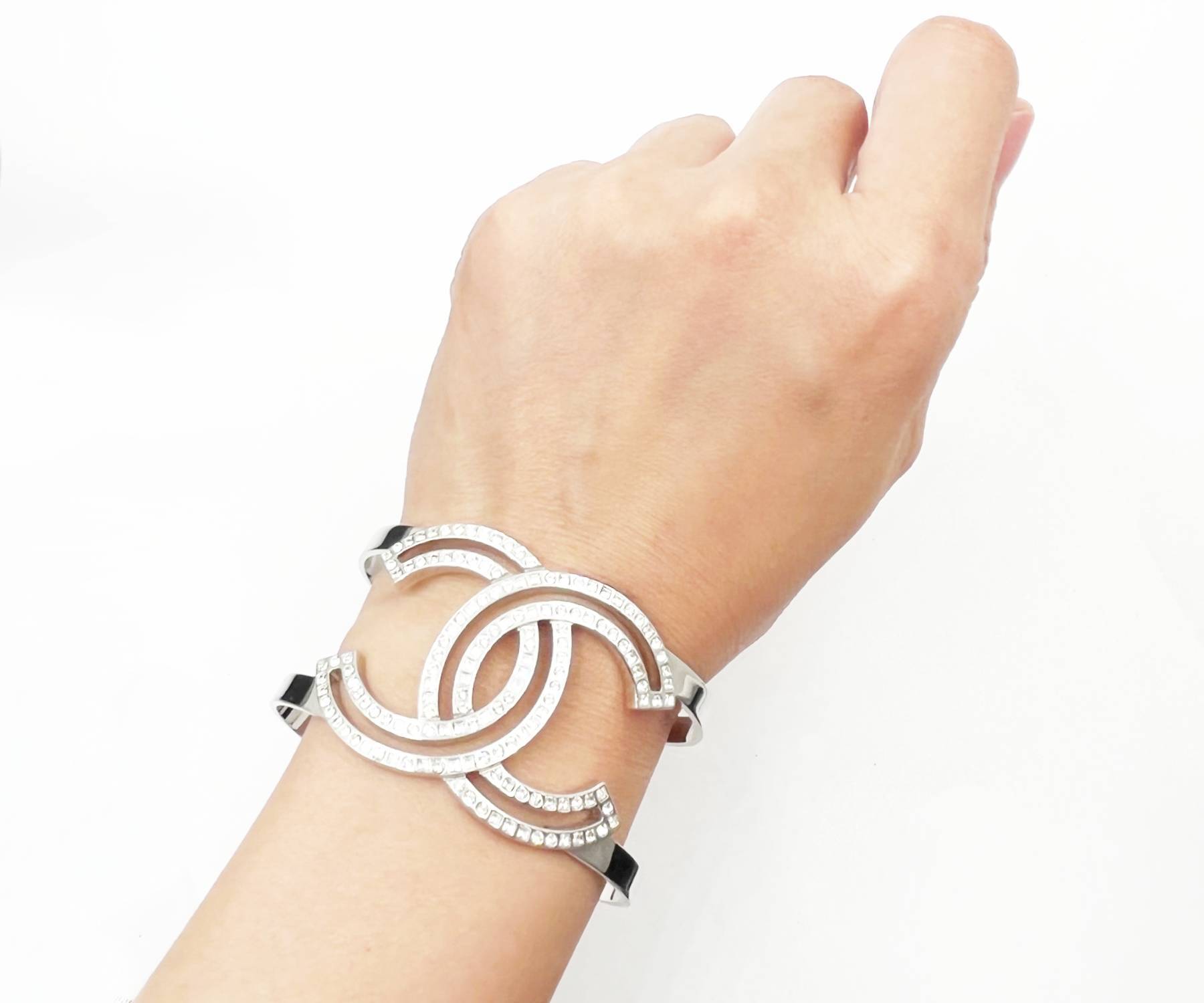 Chanel Classic Silver CC Square Round Crystal Cutout Double Cuff Bracelet