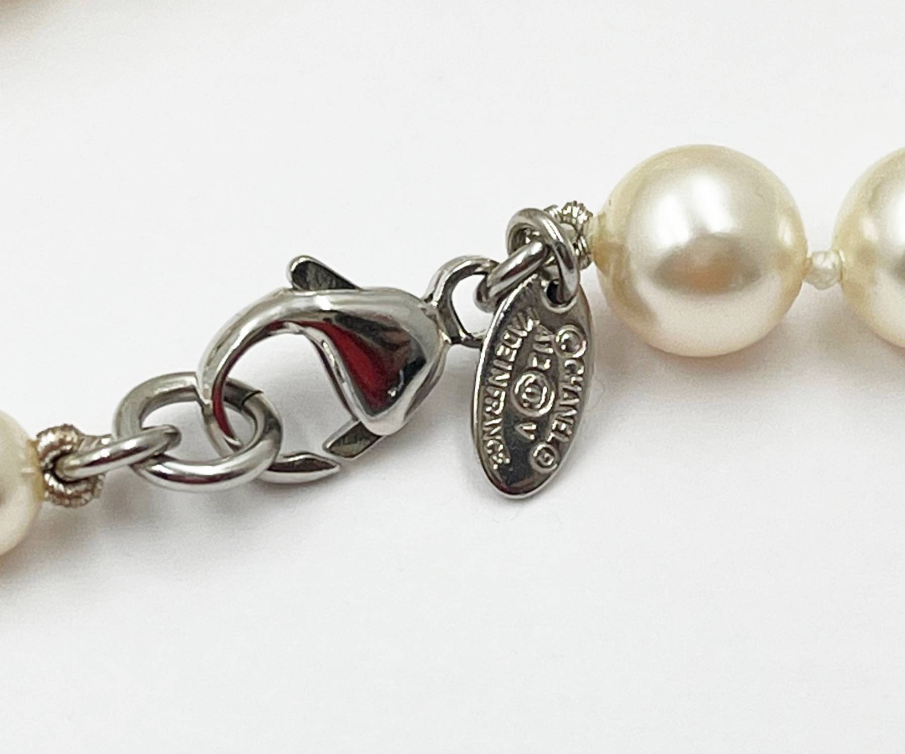 Chanel Classic  Silver CC White Bead Pearl Necklace