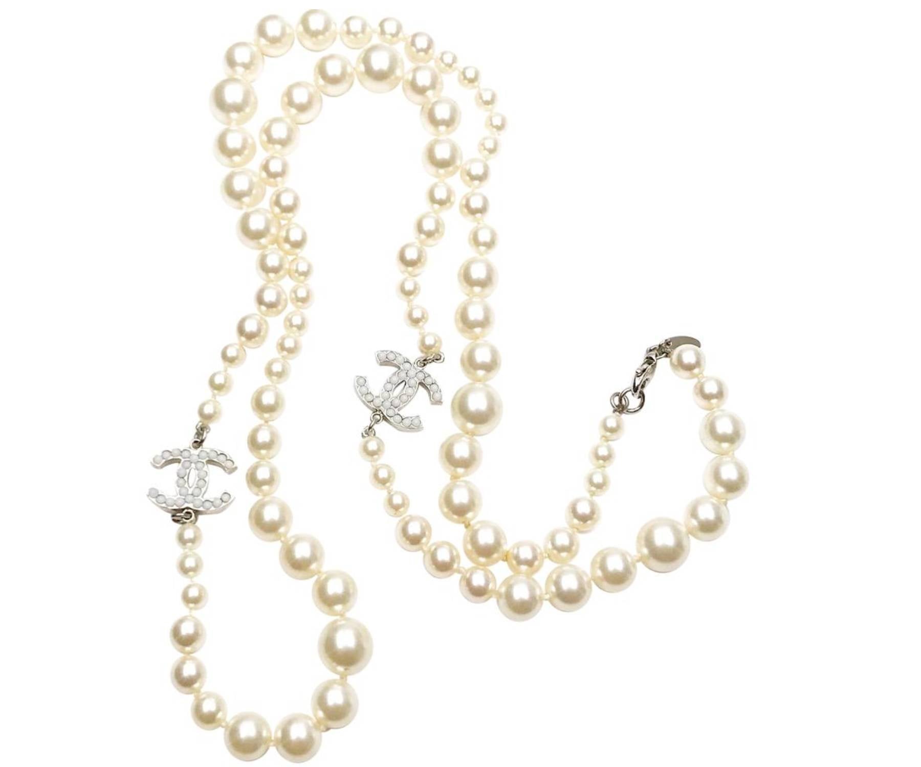 Chanel Classic  Silver CC White Bead Pearl Necklace