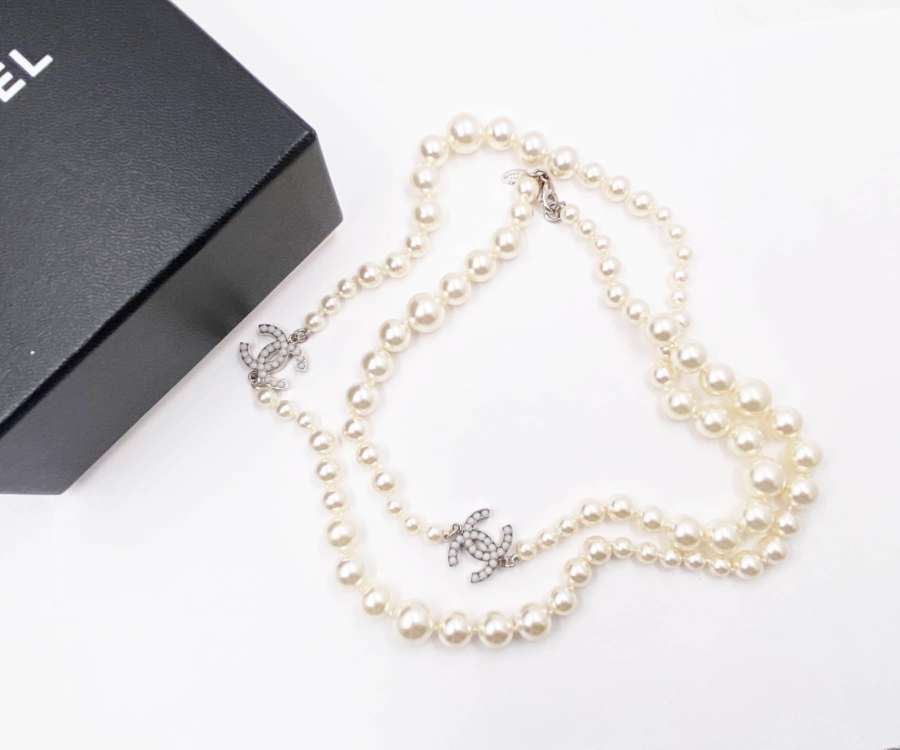 Chanel Classic  Silver CC White Bead Pearl Necklace