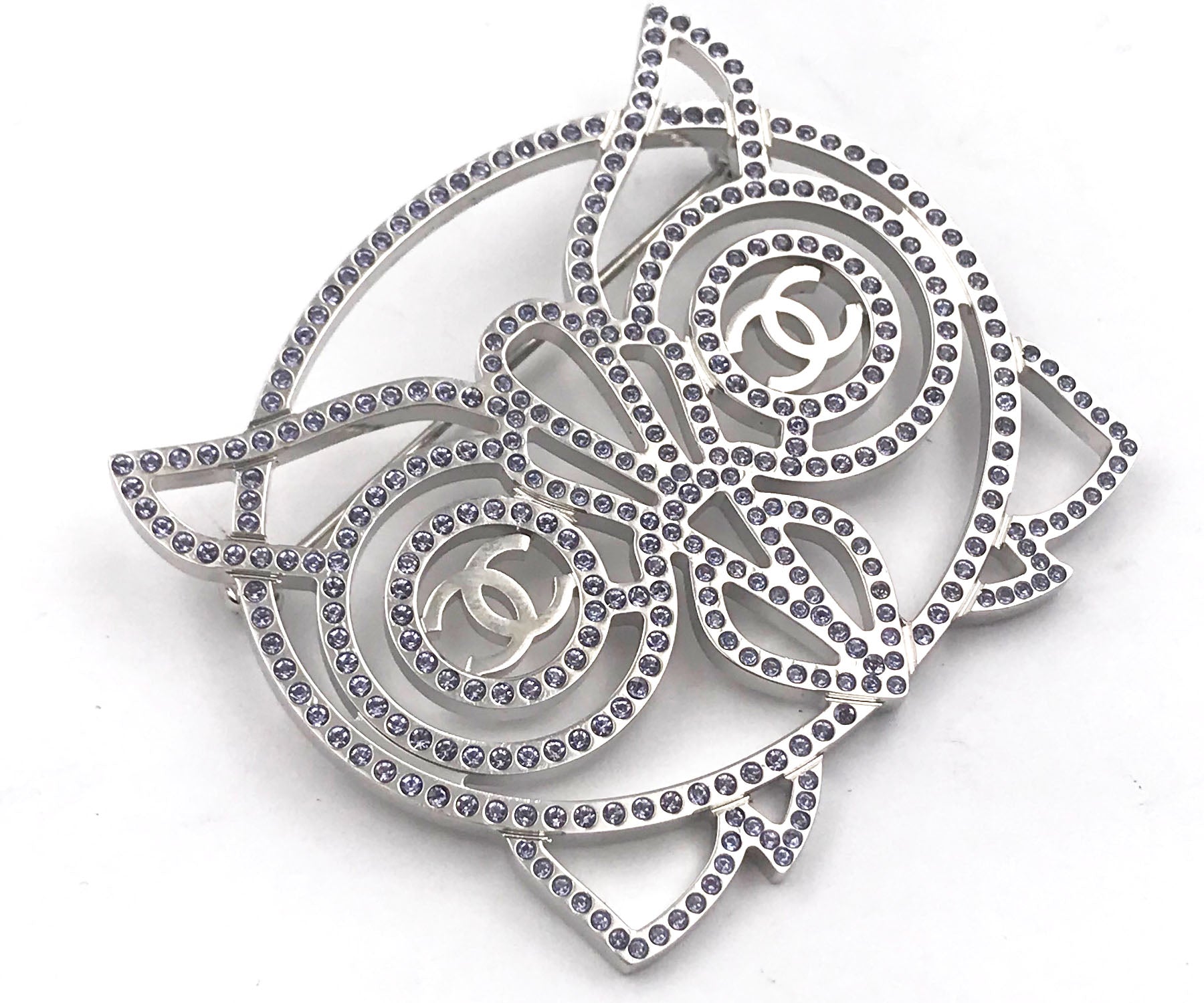 Chanel Brand New Silver Owl Light Lavender Crystal Brooch