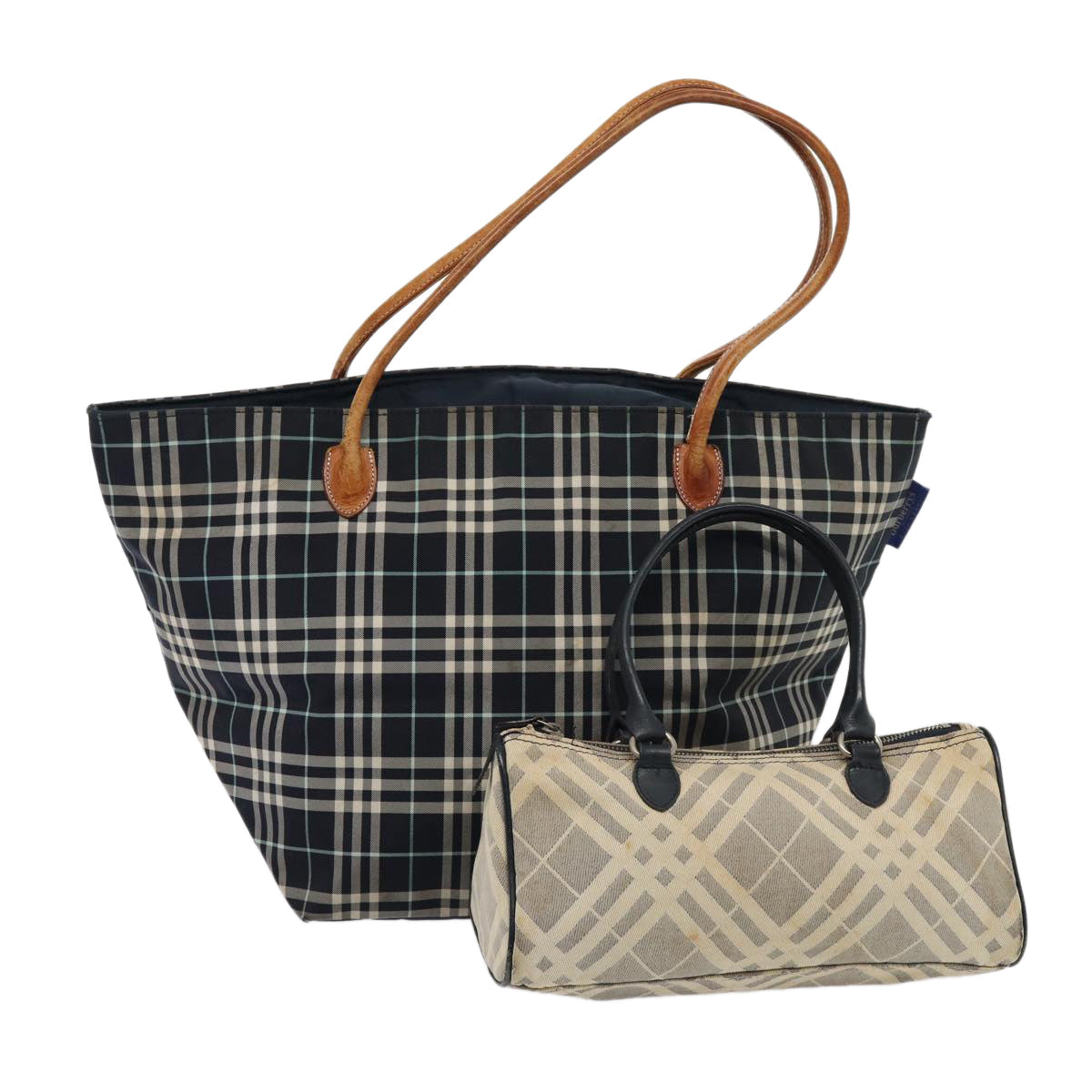 Burberry Luxury Nova Check Label Hand Bag 2Set Auth Canvas Blue Navy Travel Bag