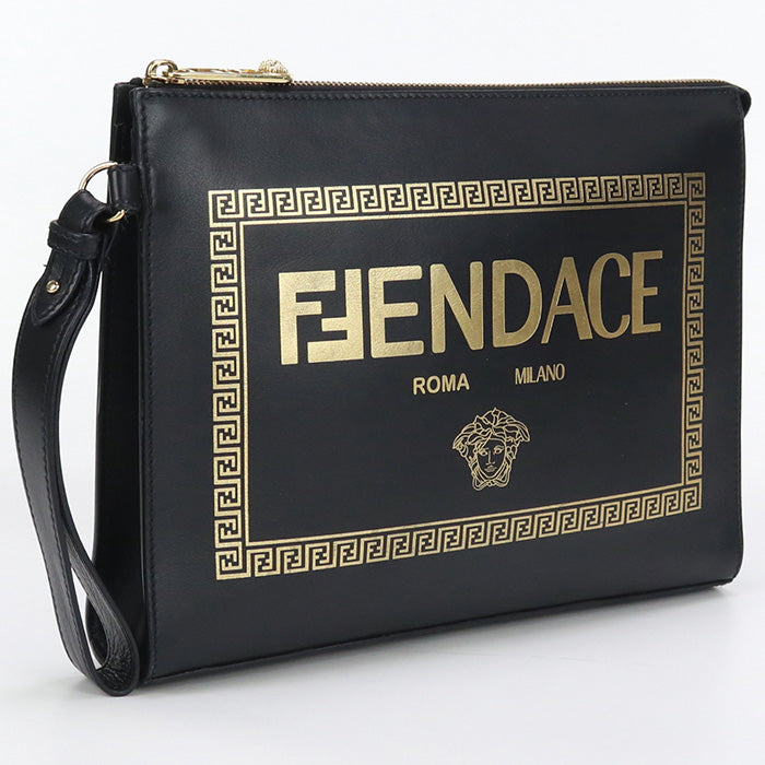 Fendi 7Va491 Clutch Bag Fendace Second Bag Unisex Leather Black