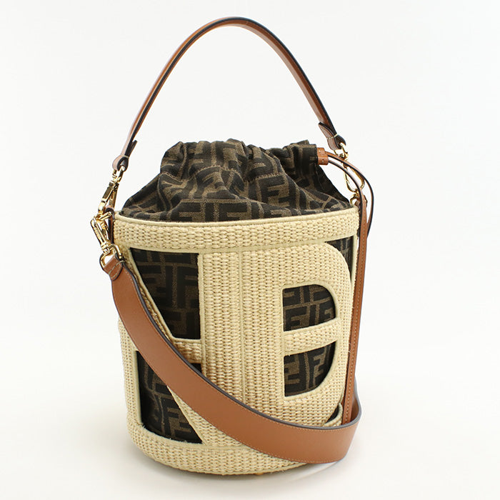 Fendi 8Bt364 Handbag Step Out Bag Straw Jacquard Two Canvas Beige Medium Bucket Bag