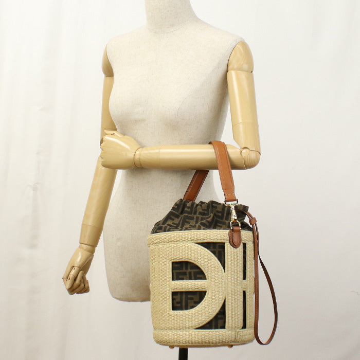 Fendi 8Bt364 Handbag Step Out Bag Straw Jacquard Two Canvas Beige Medium Bucket Bag