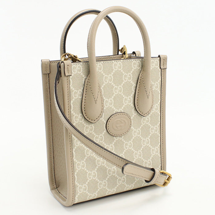 Gucci Interlocking G 2WAY GG Supreme Leather Canvas Beige Mini Tote Bag