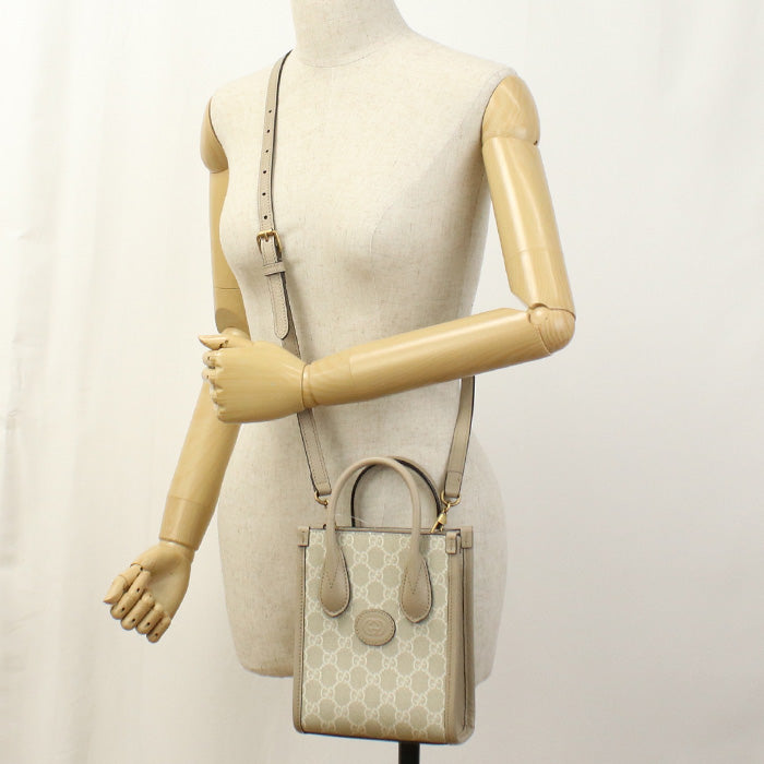 Gucci Interlocking G 2WAY GG Supreme Leather Canvas Beige Mini Tote Bag