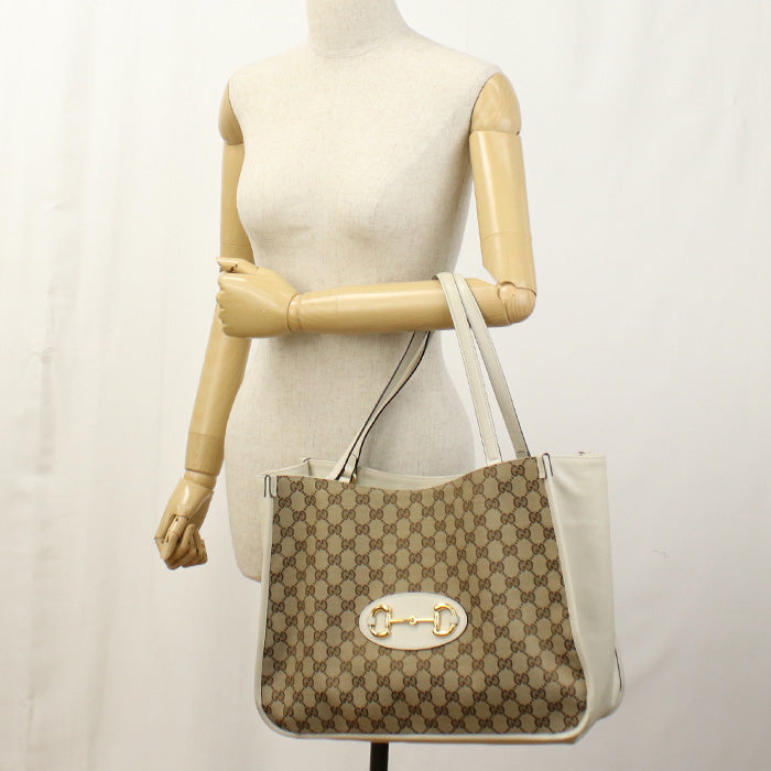 Gucci Horsebit GG Leather Canvas Beige Shoulder Bag