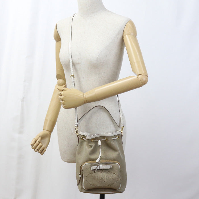 Jacquard Bucket Bag Way Handbag Women Leather Beige