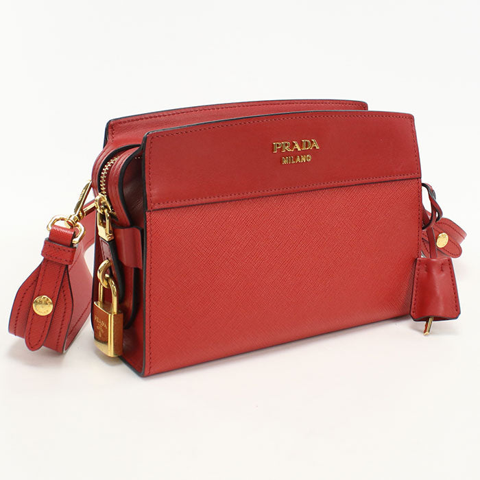 Safiano Diagonal Shoulder Bag Women Leather Red
