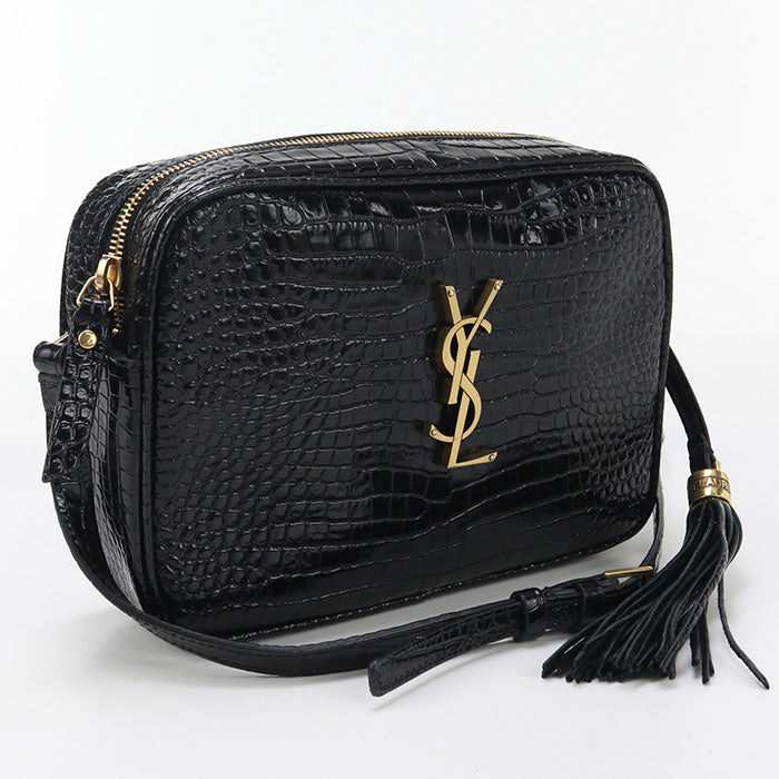 Saint Diagonal Shoulder Bag Croco Embossed Women Leather Black