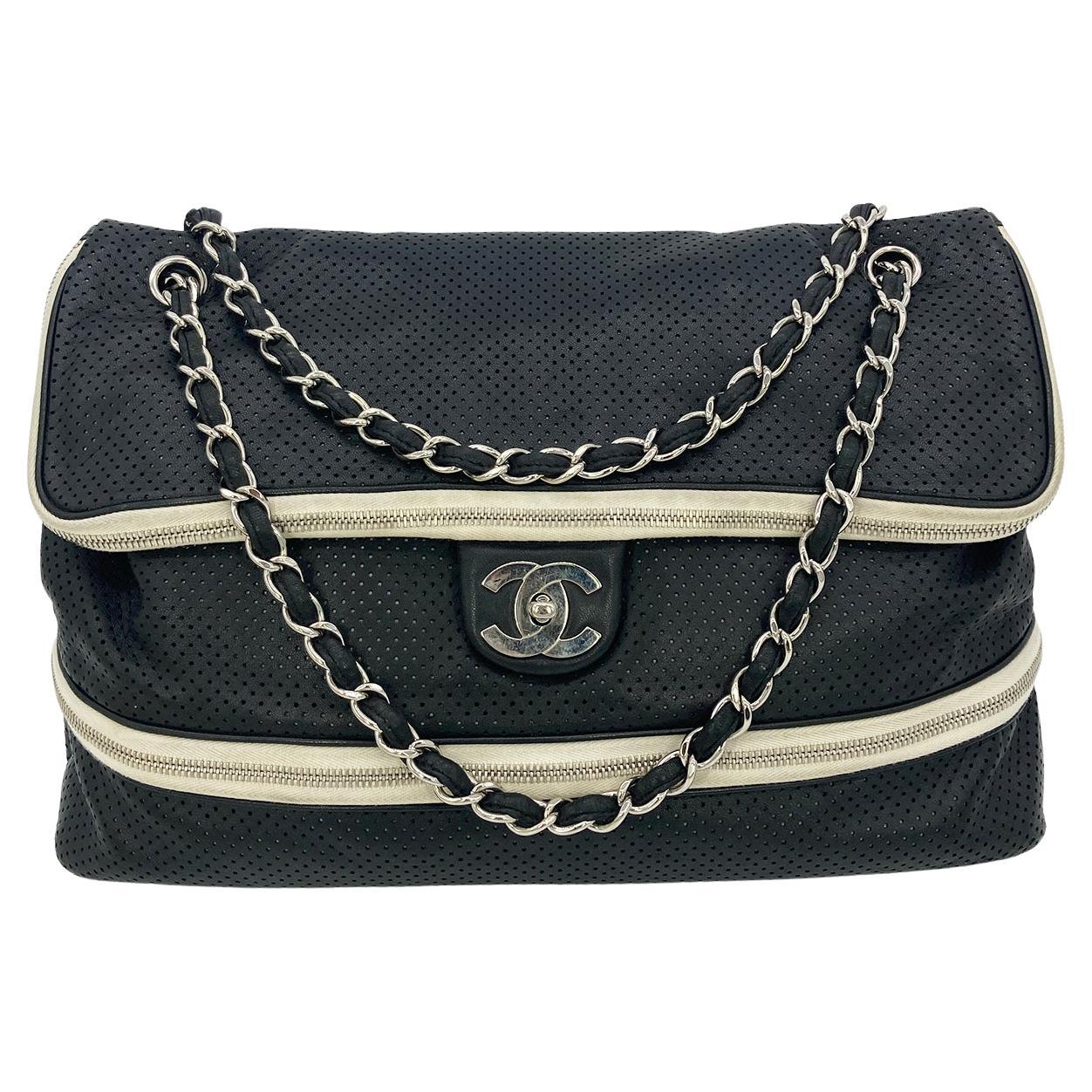 Chanel Black Perforated Leather Expandable Classic New Shoulder Bag