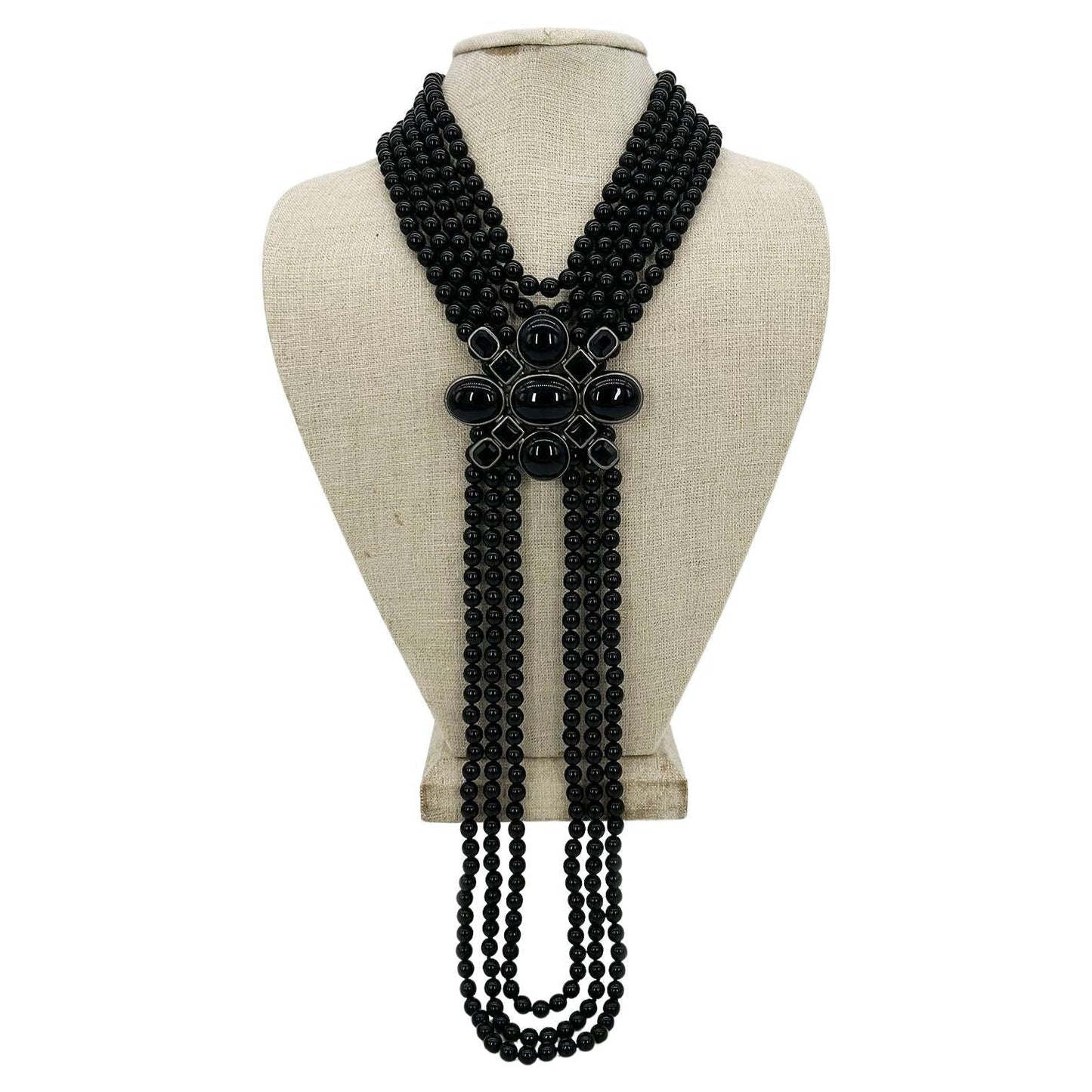 Chanel Black Beaded Multi Strand Emblem Necklace