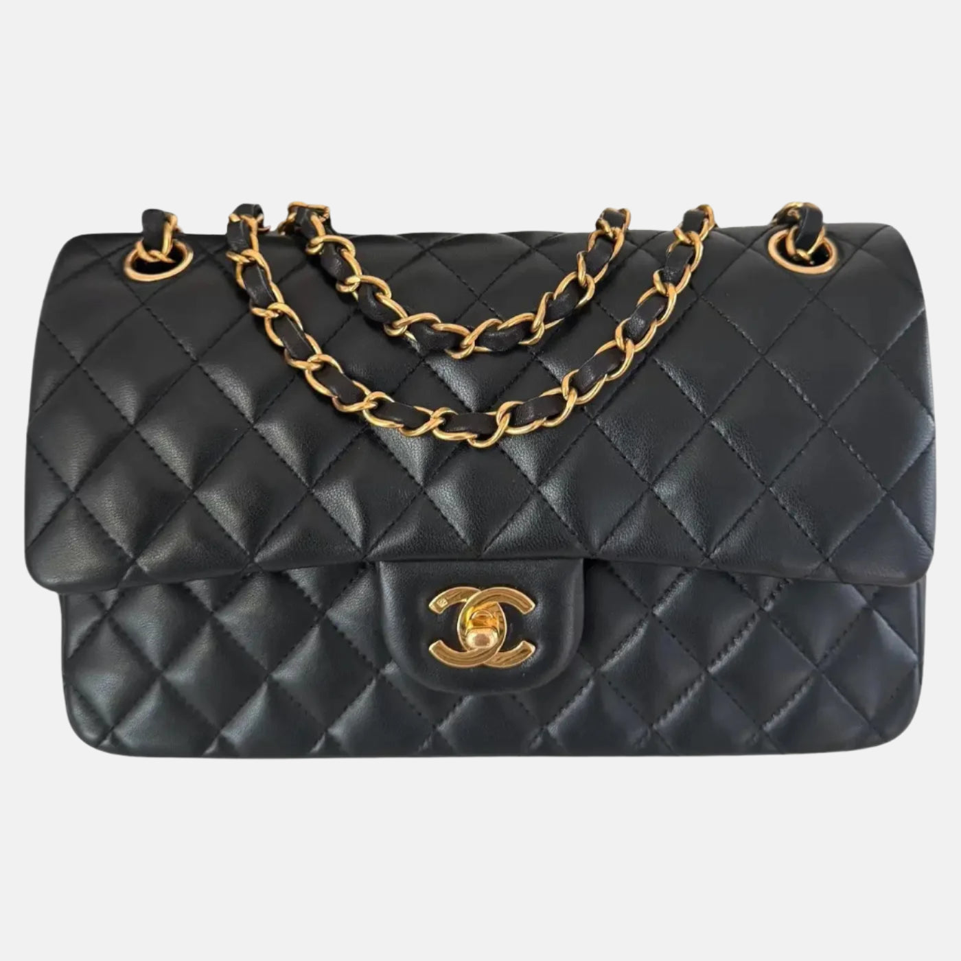 Chanel Classic Flap Lambskin 24k HW Black Gold Leather Handbag