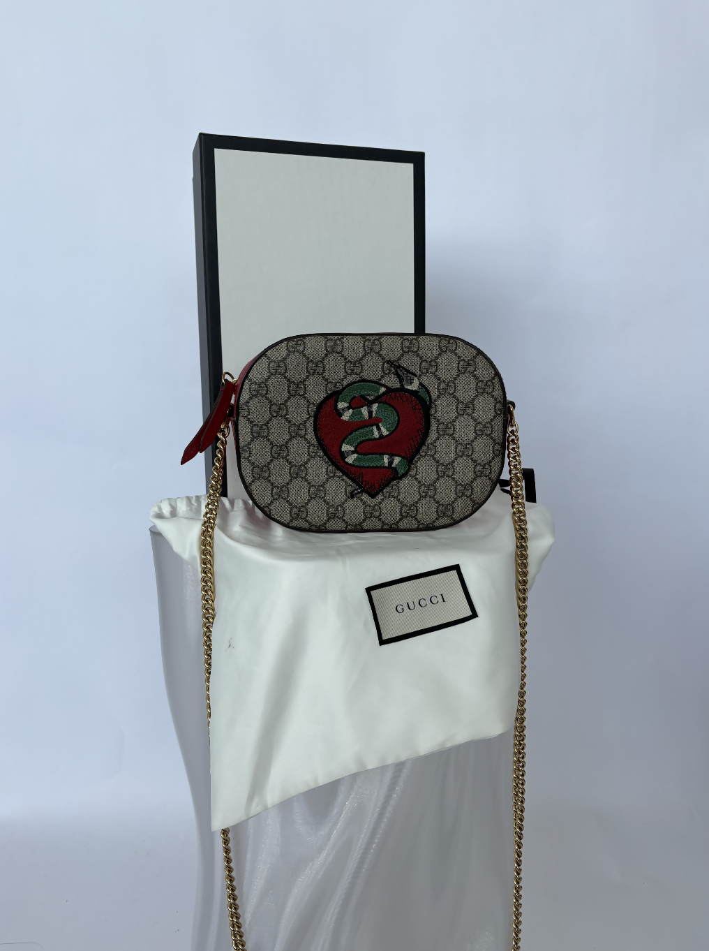Gucci Kingsnake Heart Mini GG Supreme Chain Crossbody Bag - FULL SET
