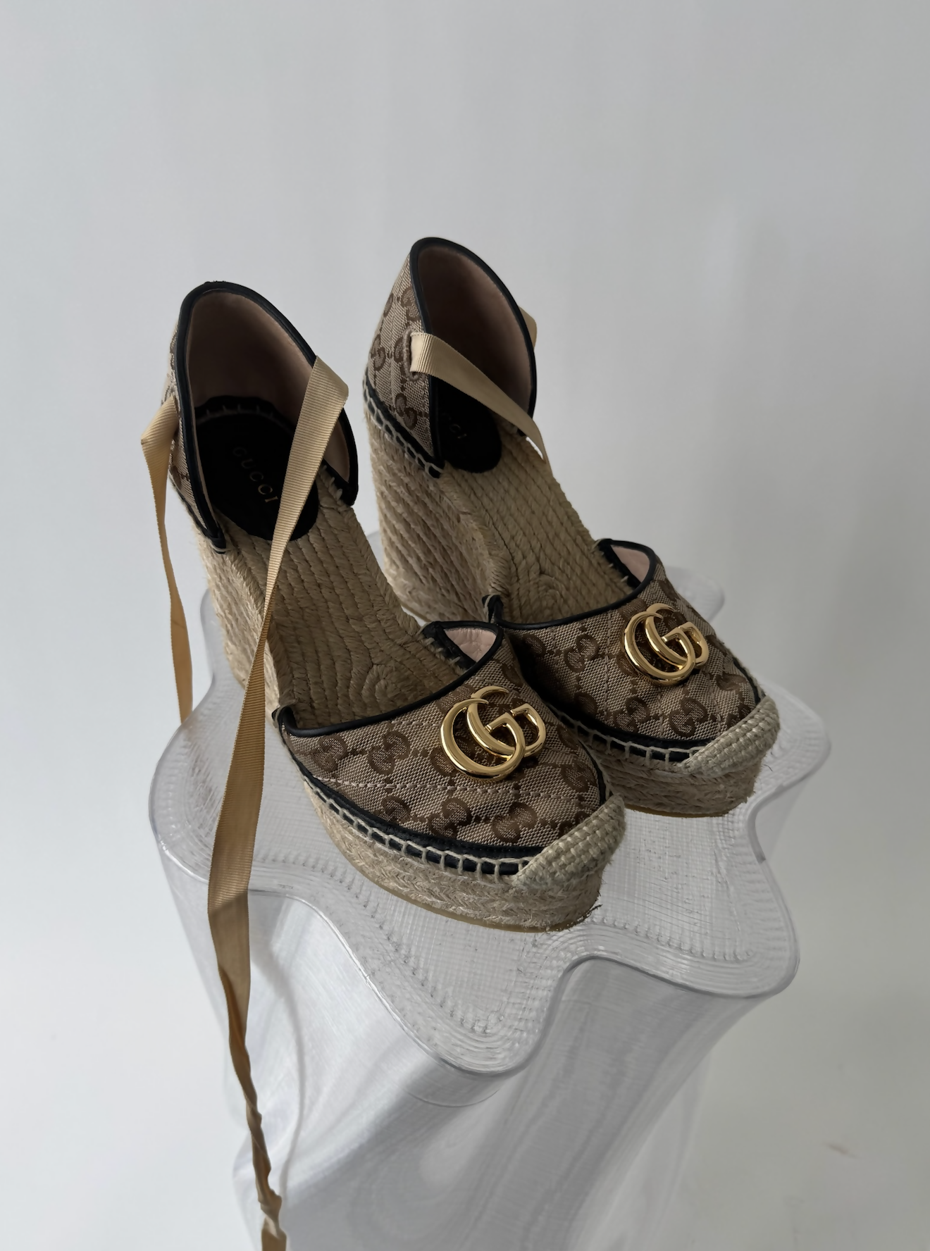 Gucci Beige/Black GG Canvas And Leather Platform Wedge Ankle Tie Up Sandals - FULL SET
