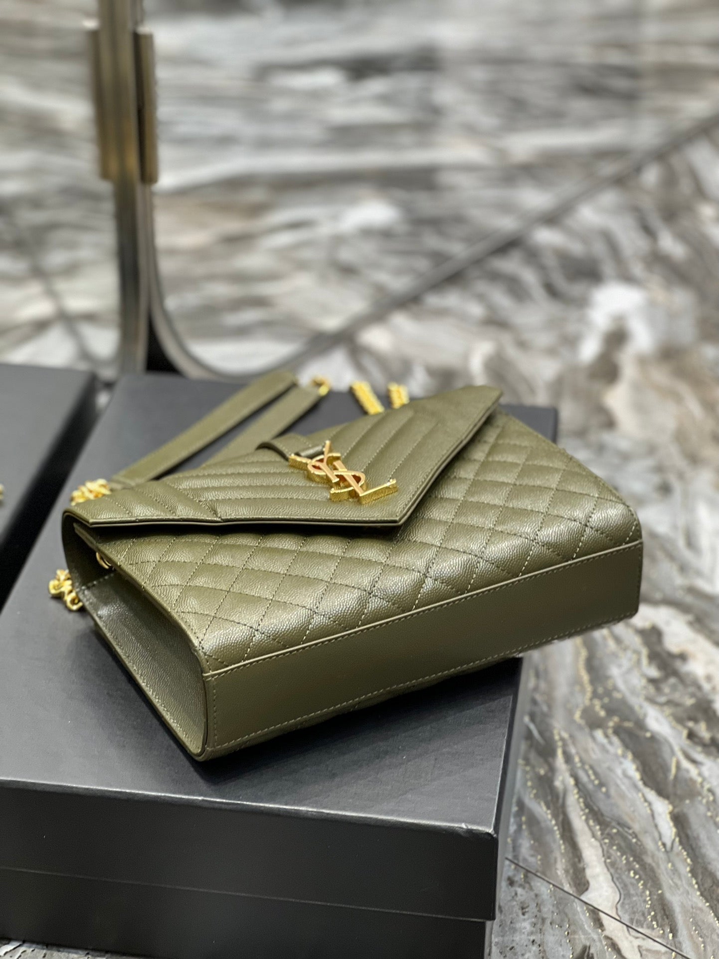YSL Saint Laurent Envelope Dark , ’s 9in Green Medium Chain Handbag