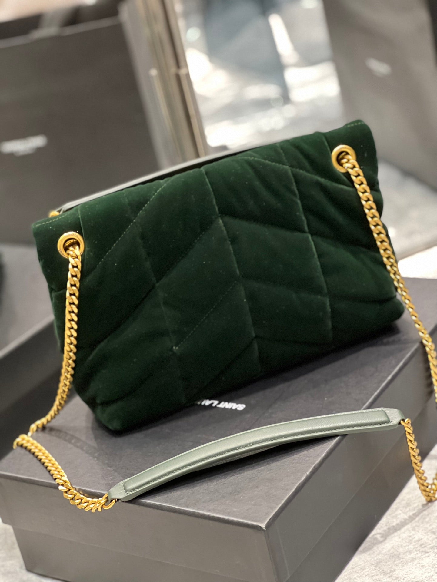 YSL Saint Laurent Puffer Dark , ’s 11in Green Small Chain Handbag