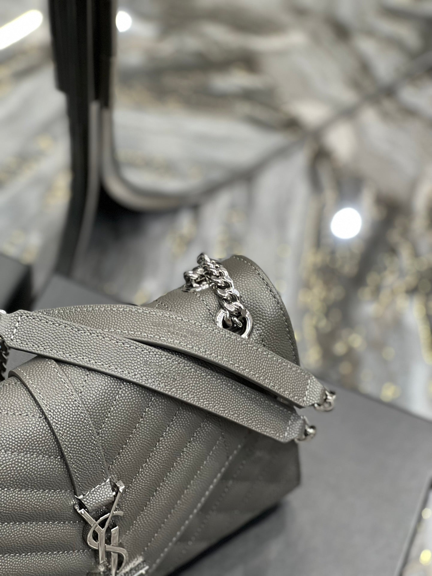 YSL Saint Laurent Envelope Dark , ’s 9in Grey Medium Chain Handbag