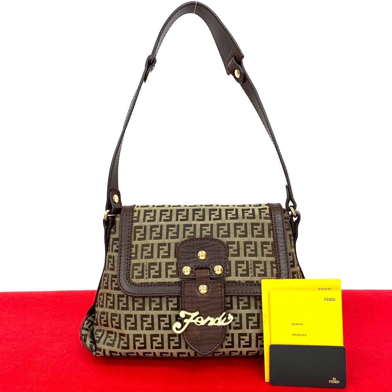 Fendi Zucchino Shoulder Bag Leather Canvas Nylon