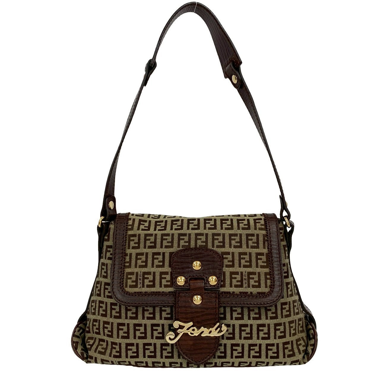 Fendi Zucchino Shoulder Bag Leather Canvas Nylon