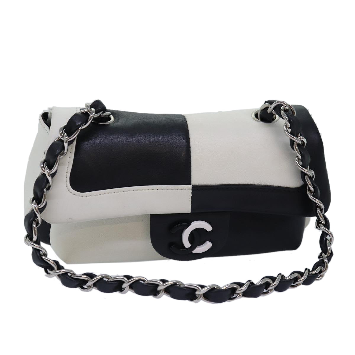 Chanel COCO Mark Chain Shoulder Bag Lamb Skin Black White CC Auth ykA