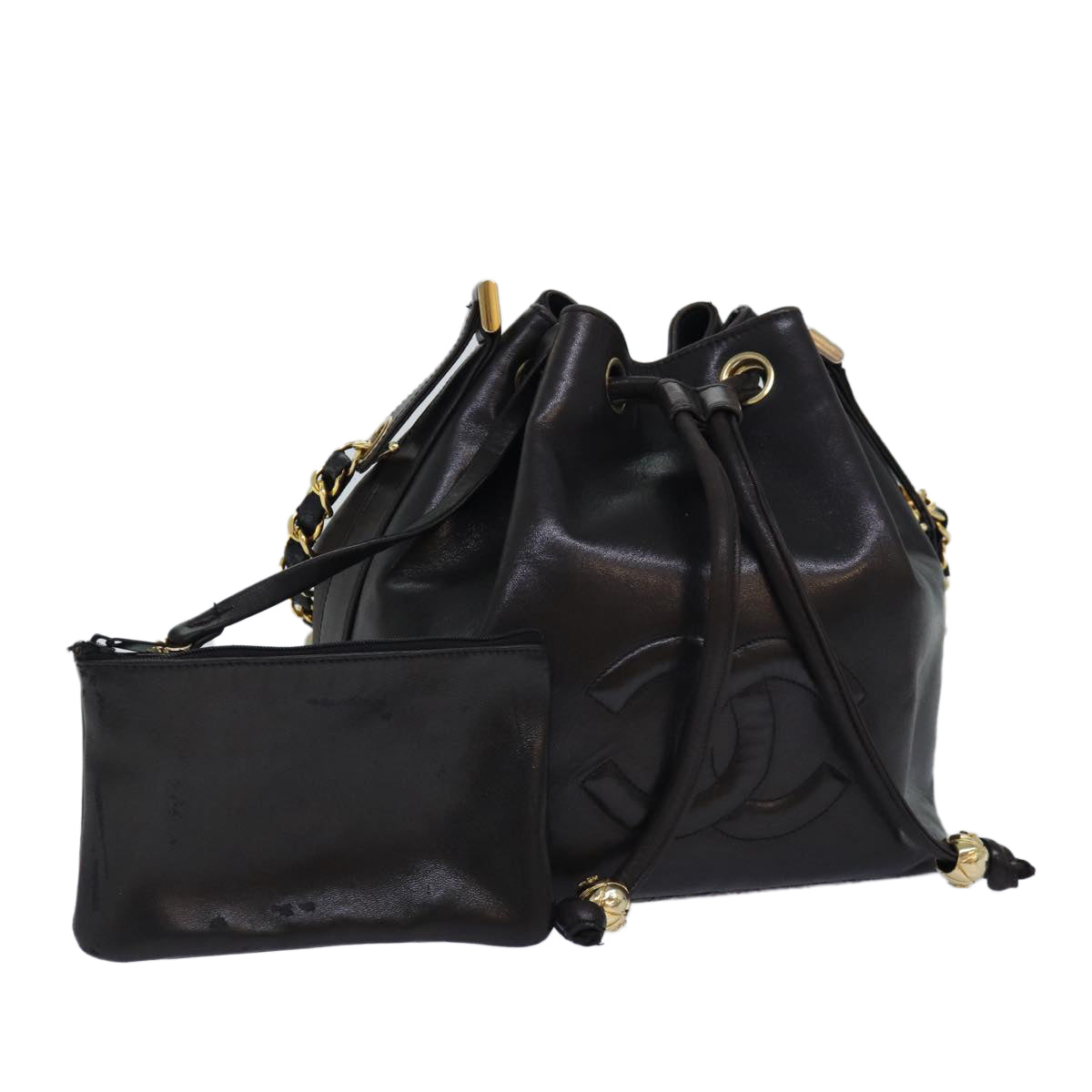 Chanel COCO Mark Drawstring Chain Shoulder Bag Leather Brown CC Auth yk