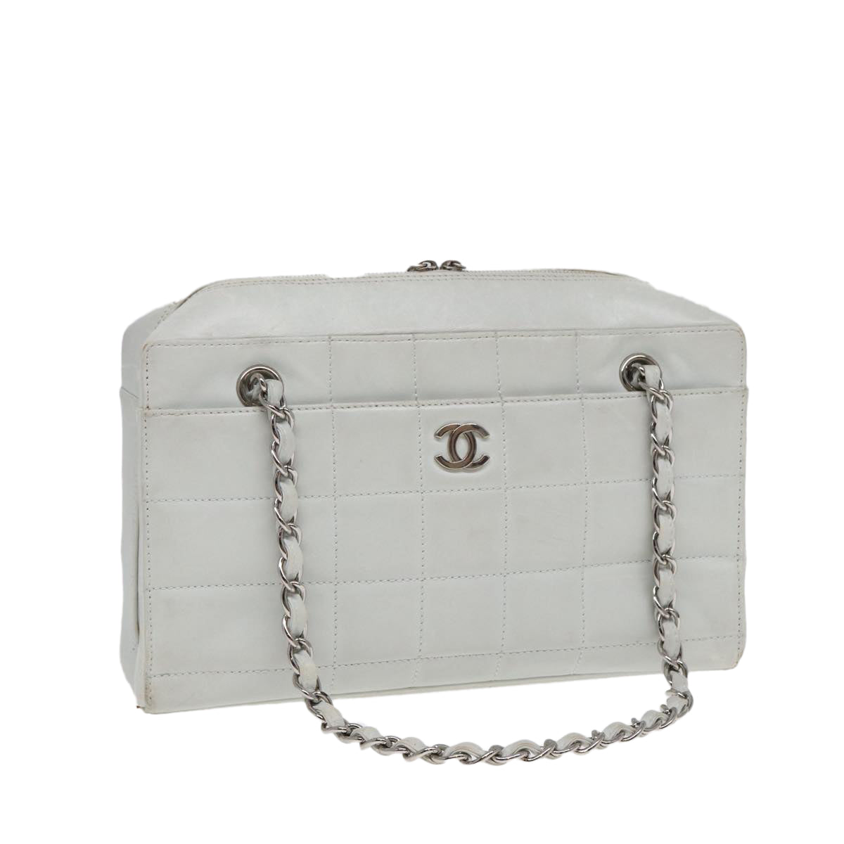 Chanel Choco Bar Chain Hand Bag Leather White Silver CC Auth yk